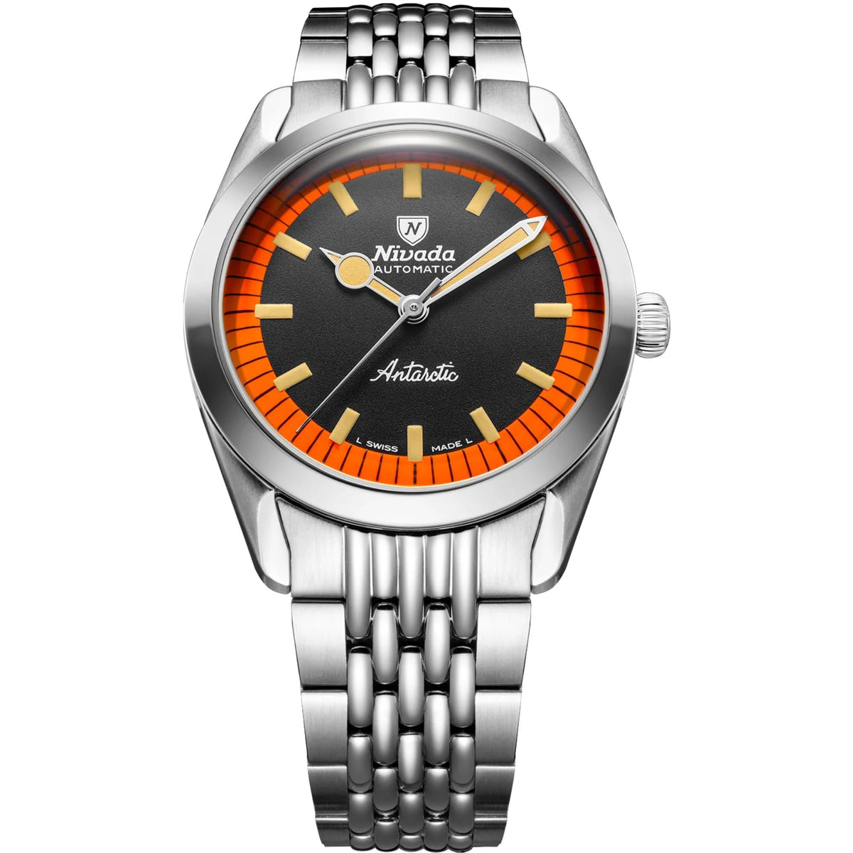Men's automatic stainless steel watch with black dial, orange bezel markers, metal bracelet