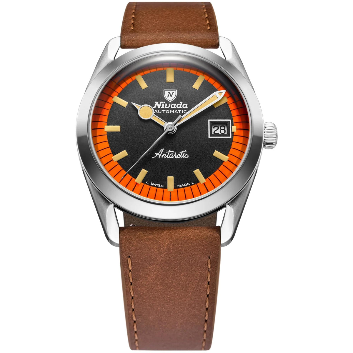 Men's automatic wristwatch with brown leather strap, black dial, orange bezel, date window
