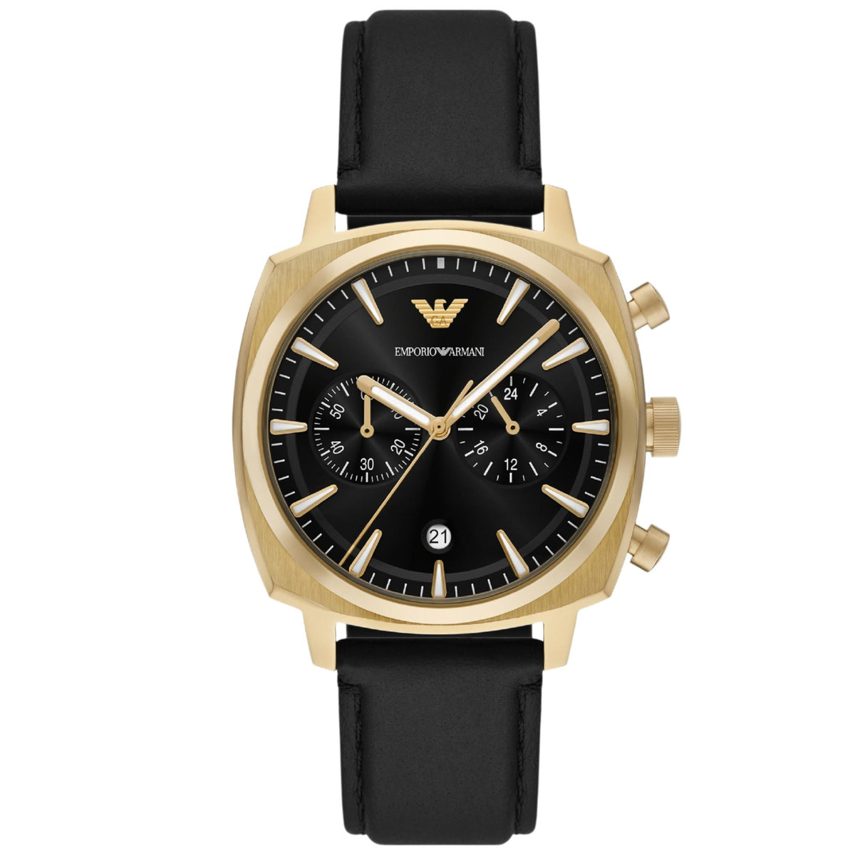 Men's chronograph watch with black dial, gold-tone case, and black leather strap