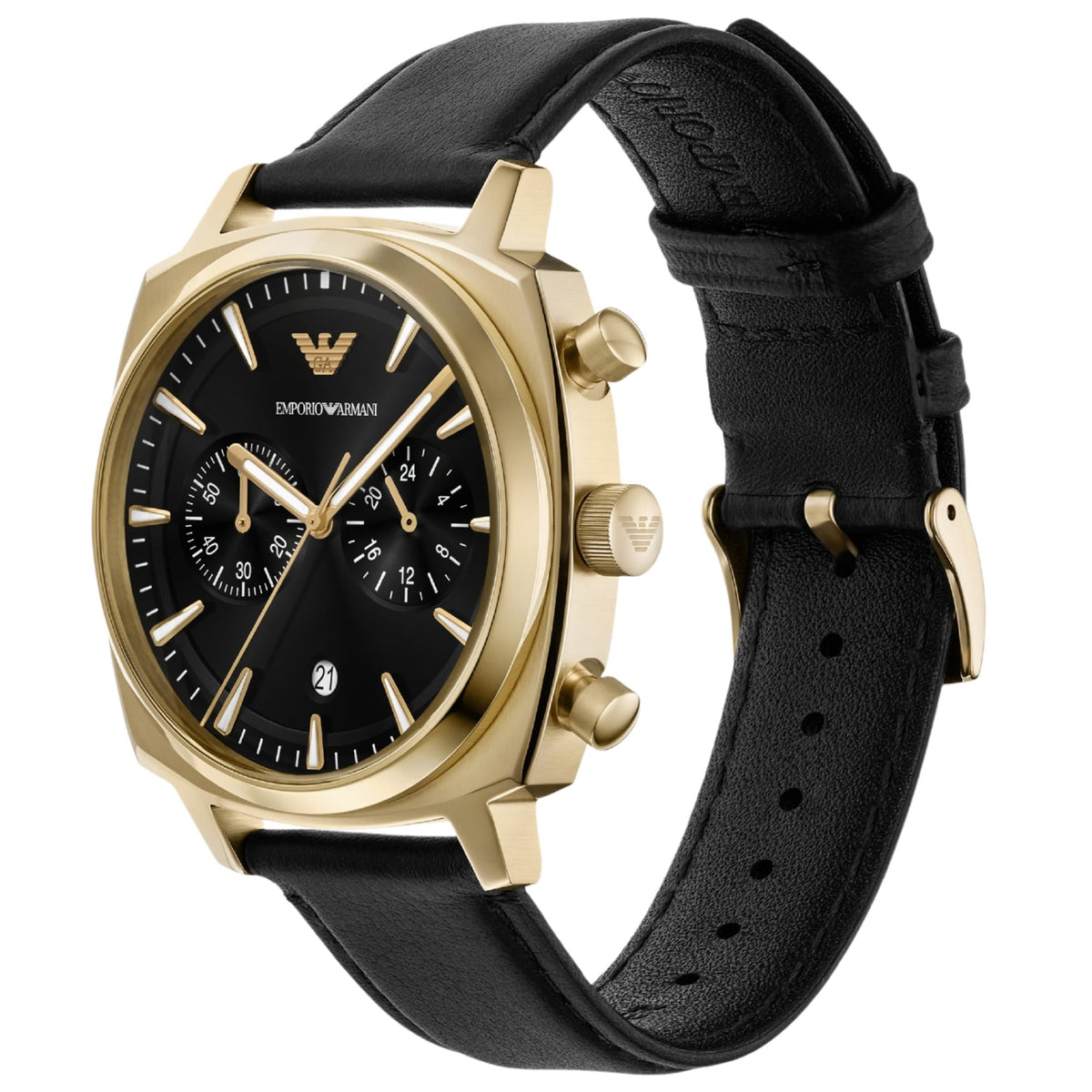 Men's chronograph watch close-up, black dial, gold-tone case, black leather strap
