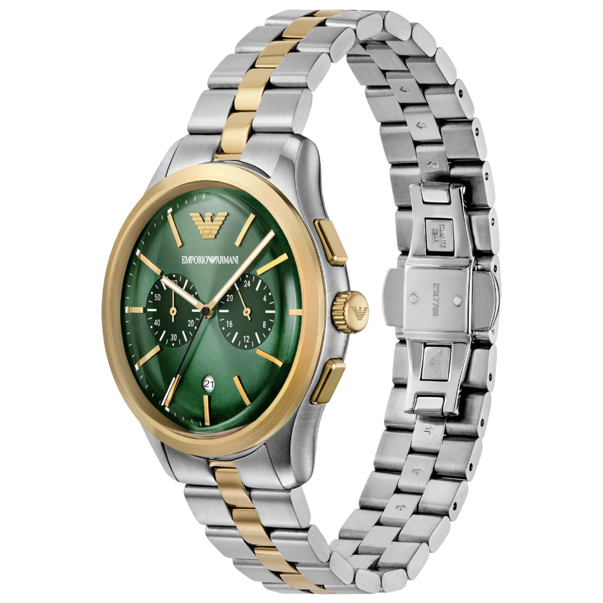 Three-quarter angle view of the Emporio Armani Dario AR11692 watch highlighting the green dial layout, gold pushers, and metal link bracelet deployment clasp