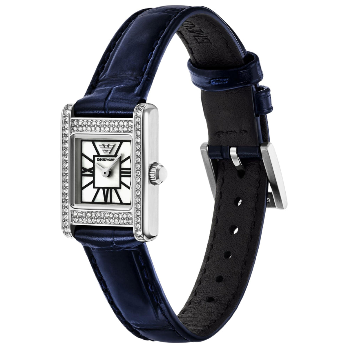 Angled view of the Emporio Armani Genni AR11718 wristwatch showcasing the mother-of-pearl dial layout, crystal-set bezel accents, winding crown, and blue leather strap with pin buckle