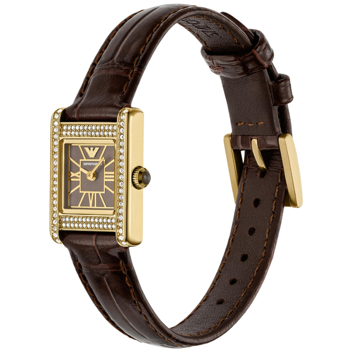 Angle view of the Emporio Armani Genni AR11705 wristwatch showcasing the brown sunray dial, crystal bezel accents, cabochon crown, and pin buckle strap