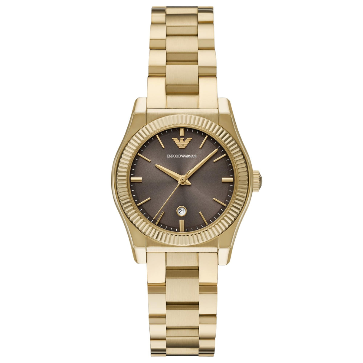 Emporio Armani Federica AR11700 front view showing brown dial with fluted bezel and steel bracelet