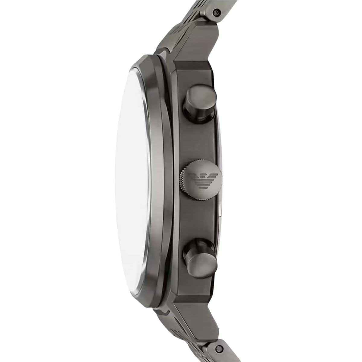 Stainless steel chronograph watch side view with crown and pushers