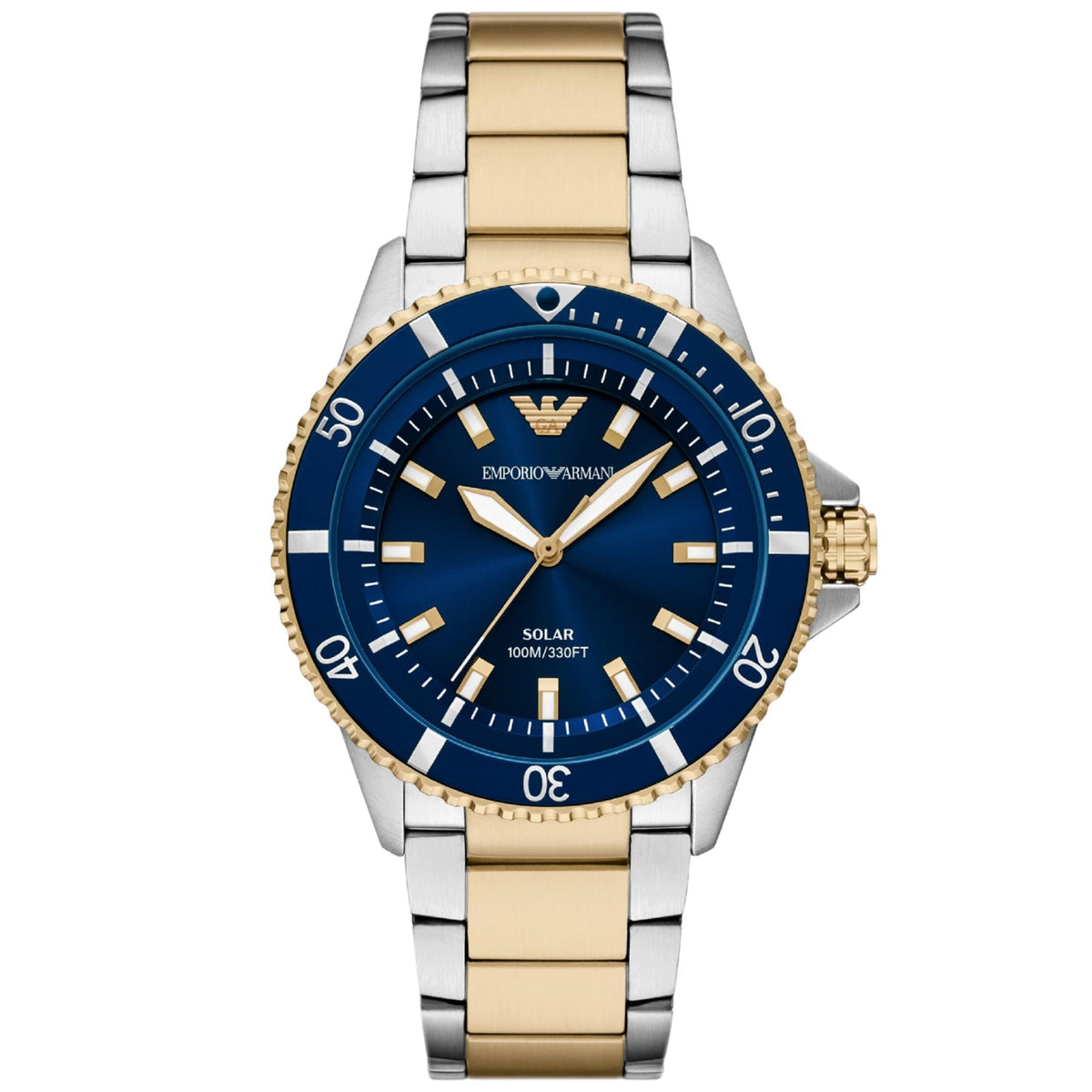 Emporio Armani World Explorer AR11738 mens solar watch featuring a blue dial, gold-tone accents, and a two-tone stainless steel bracelet