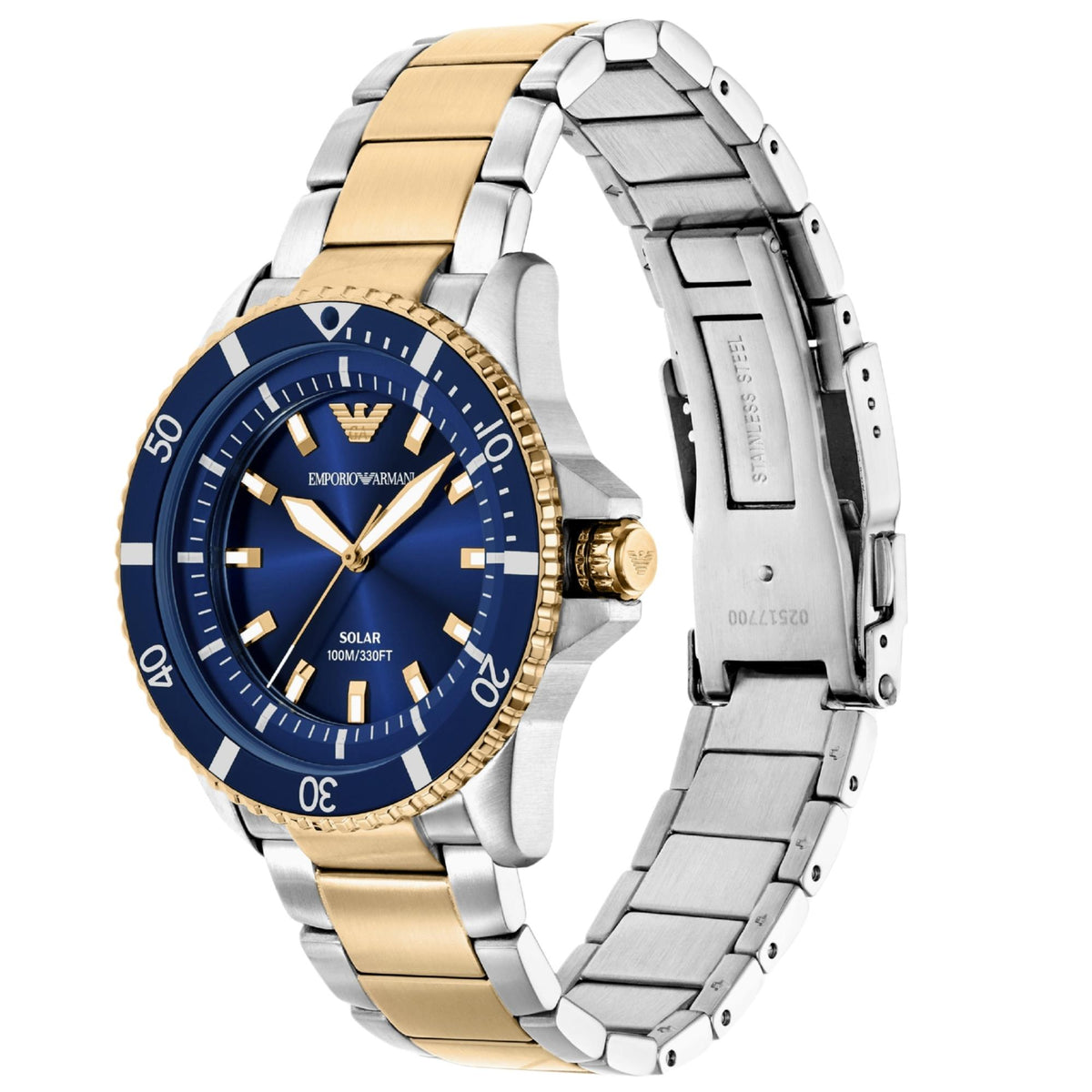 Angled view of the Emporio Armani World Explorer AR11738 wrist watch showcasing the two-tone links and fold-over deployment clasp