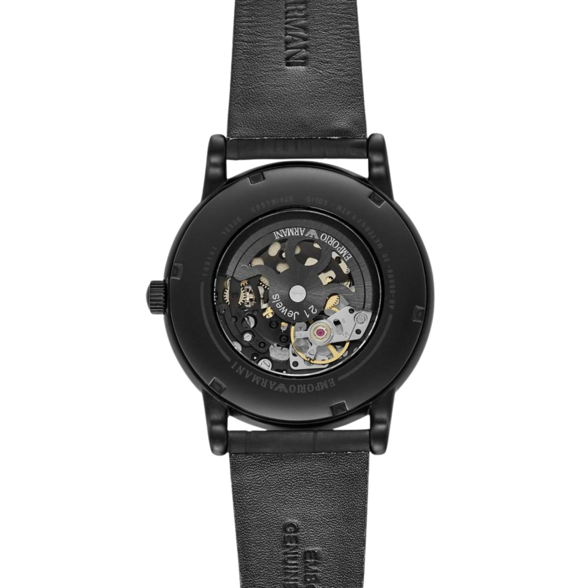 Rear view of the Emporio Armani Meccanico AR60008 timepiece displaying the exhibition case back revealing the automatic movement mechanism and inner black leather strap detailing