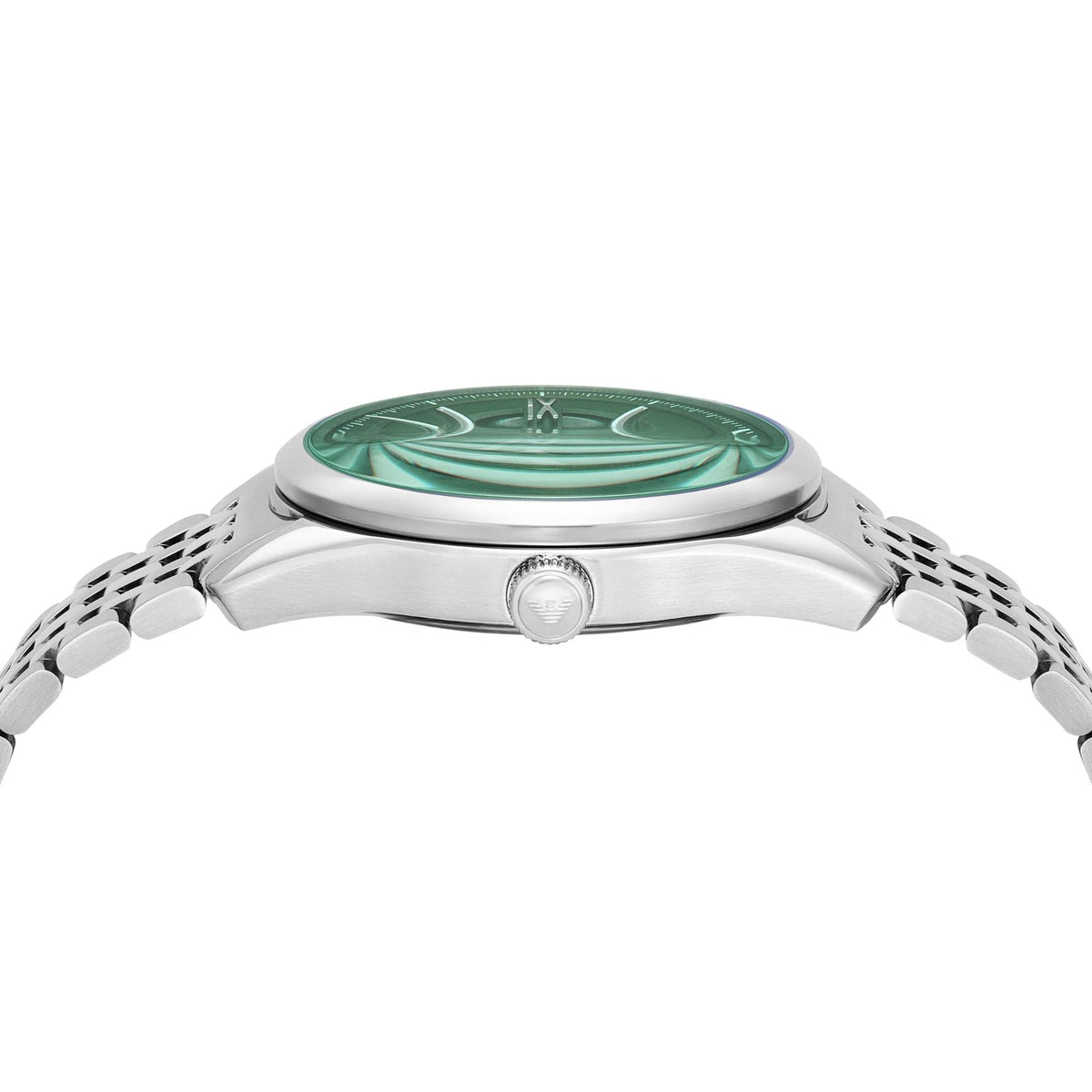 Side profile view of the Emporio Armani Antonio AR60091 steel watch case highlighting the domed crystal and branded setting crown