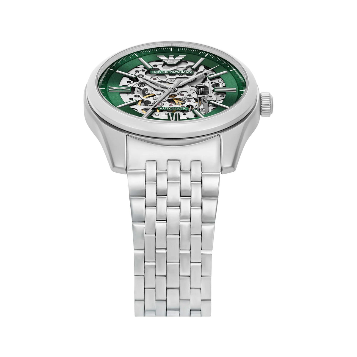 Top-down angled view of the Emporio Armani Antonio AR60091 watch showing the green outer dial ring and silver-tone bracelet construction