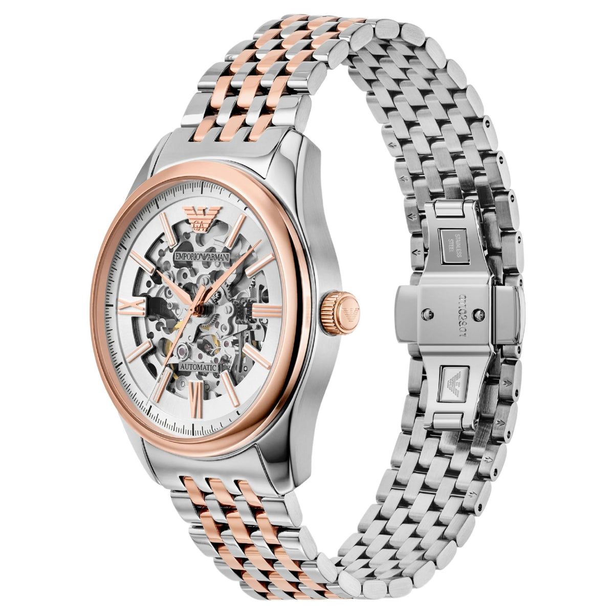 Three-quarter angle view of the Emporio Armani Antonio AR60092 watch showcasing the exhibition dial, rose gold-tone bezel, and deployment clasp