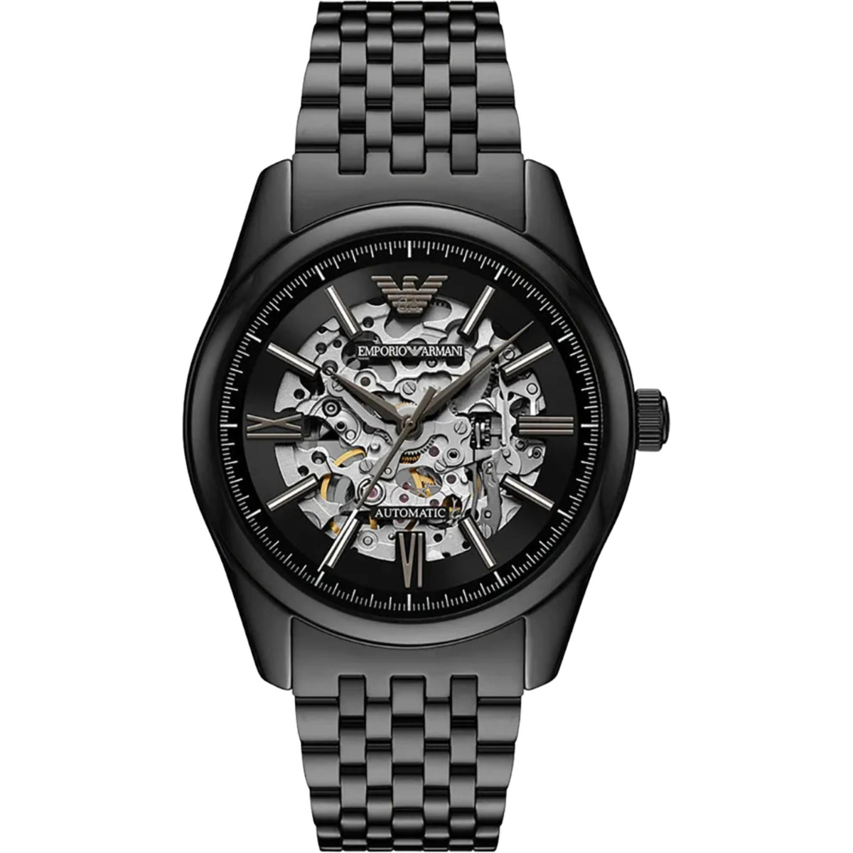 Emporio Armani Antonio 43mm AR60093 skeleton black dial steel mens automatic watch