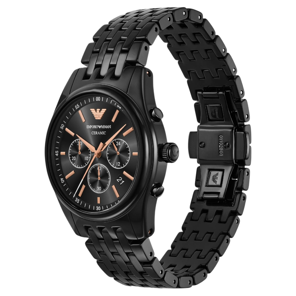Three-quarter angle view of the Emporio Armani Antonio AR70015 watch showcasing the sub-dials, pushers, and ceramic deployment clasp