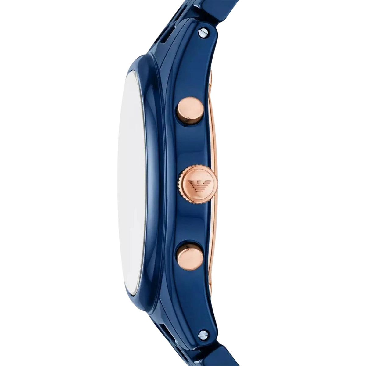 Side profile view of the Emporio Armani Antonio AR70016 blue ceramic watch case highlighting the rose gold-tone pushers and branded crown