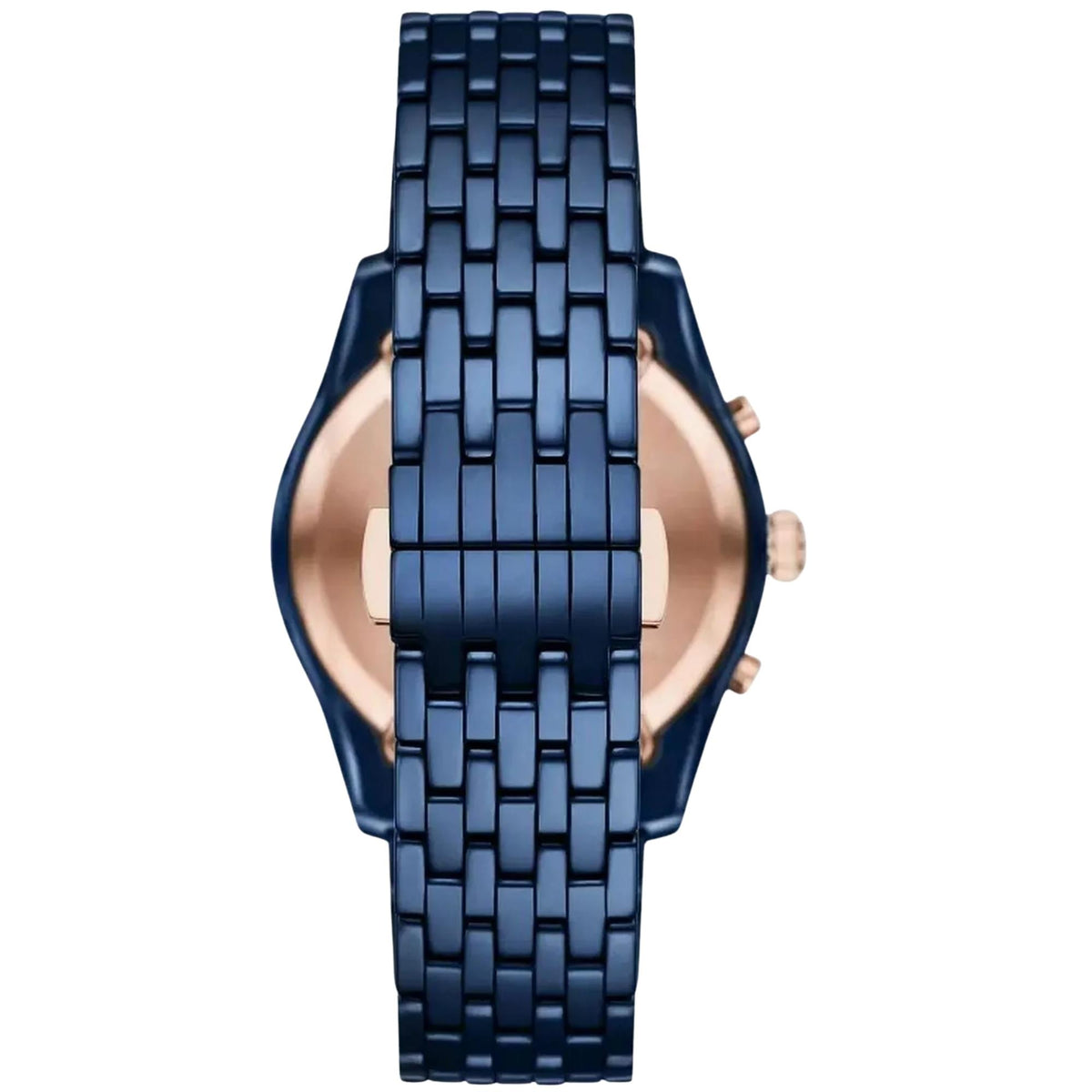 Back view of the Emporio Armani Antonio AR70016 displaying the blue ceramic bracelet, hidden clasp, and rose gold-tone caseback