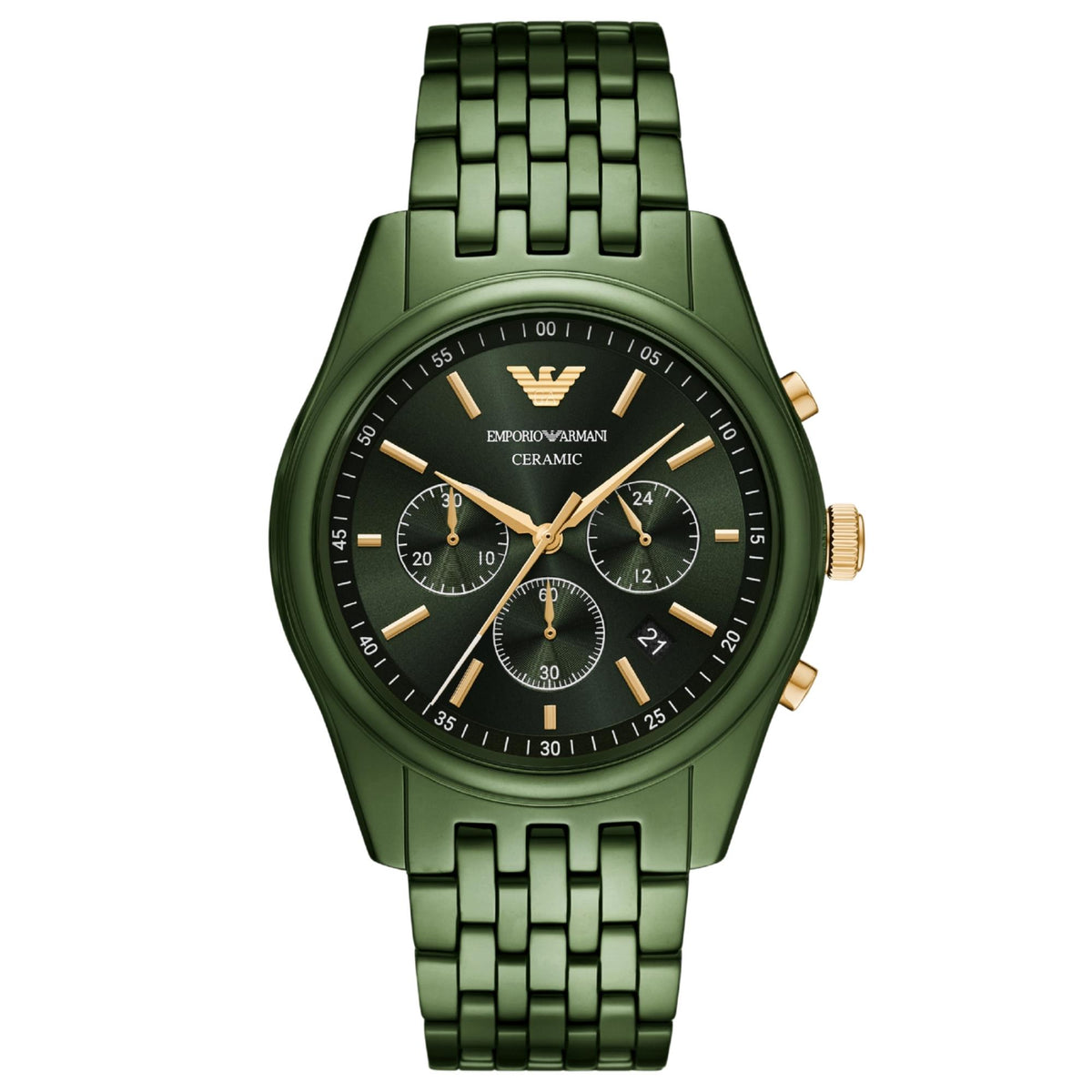 Emporio Armani Antonio AR70017 mens quartz watch featuring a green chronograph dial, gold-tone indices, green ceramic case, and matching ceramic bracelet