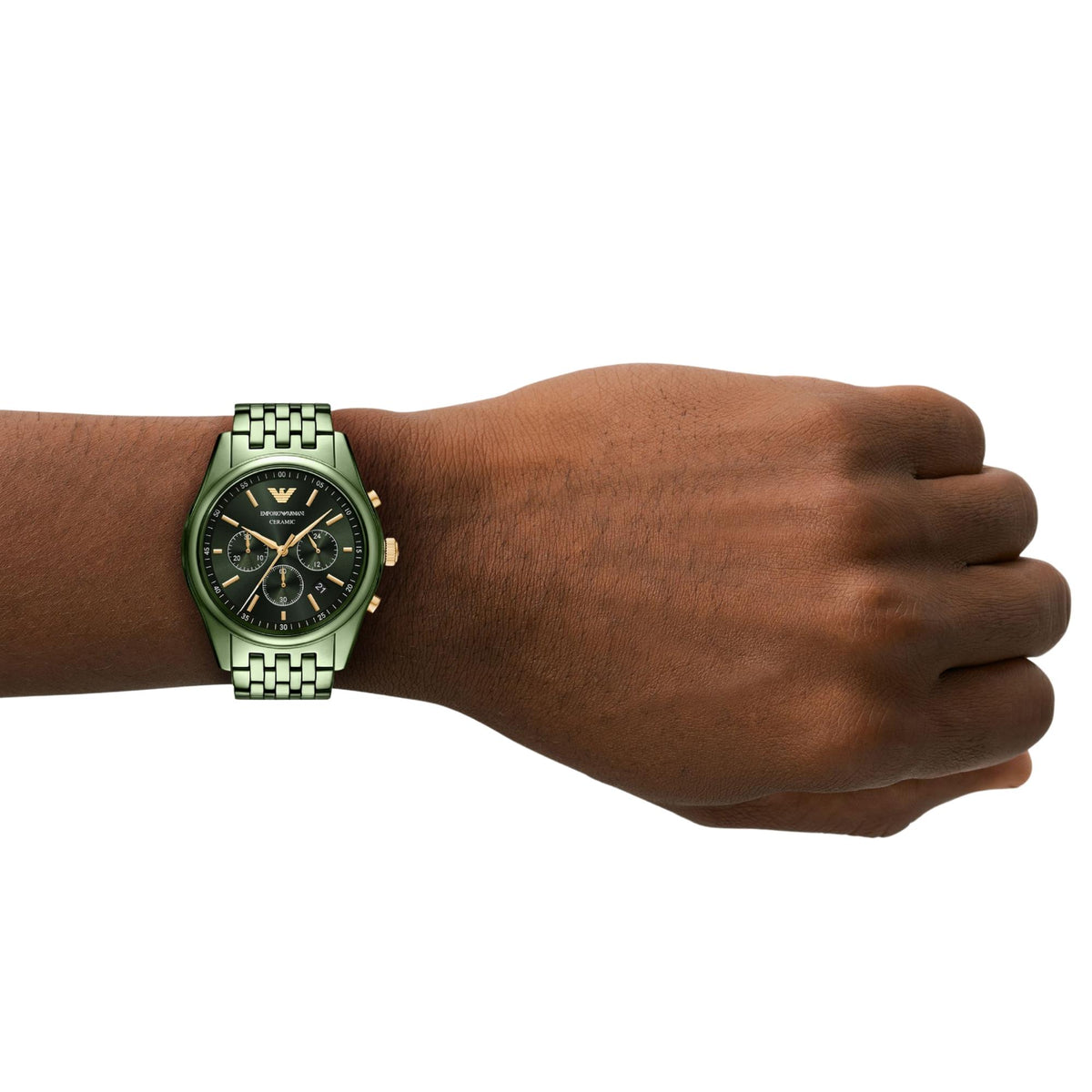 Emporio Armani Antonio AR70017 mens timepiece with a green dial and green ceramic bracelet styled on a wrist