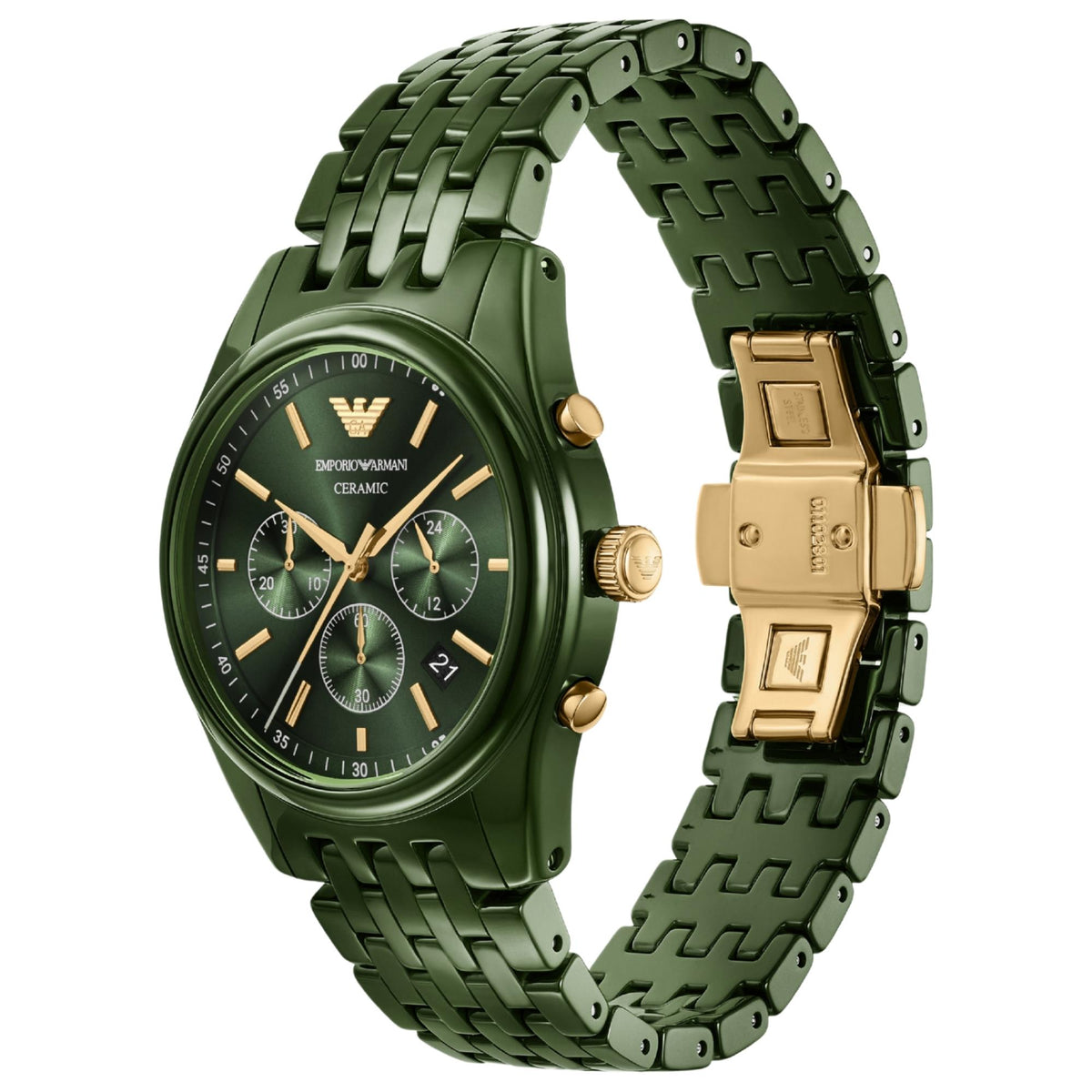 Three-quarter angle view of the Emporio Armani Antonio AR70017 watch showcasing the sub-dials, crown, and gold-tone deployment clasp
