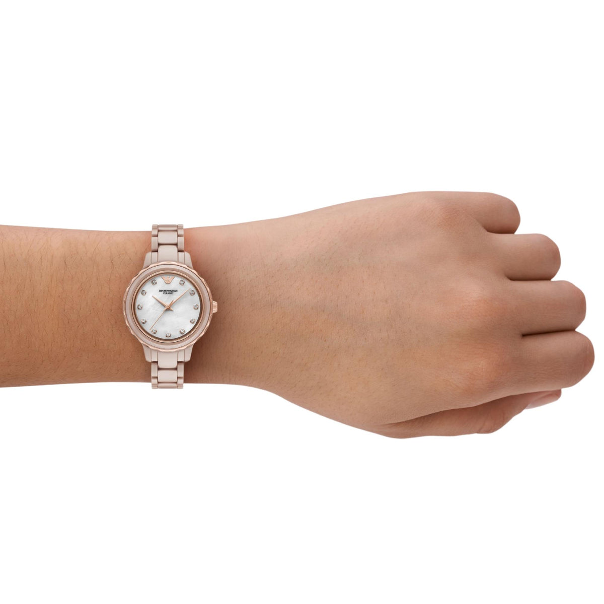 Emporio Armani Cleo AR70018 pink ceramic watch on a female wrist view