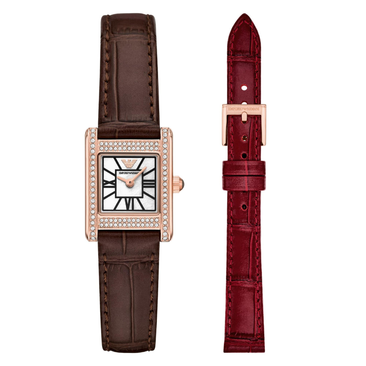 Emporio Armani Genni AR80083SET ladies quartz watch featuring a mother of pearl dial, rose gold-tone crystal-embellished case, brown leather strap, and an additional interchangeable red leather strap