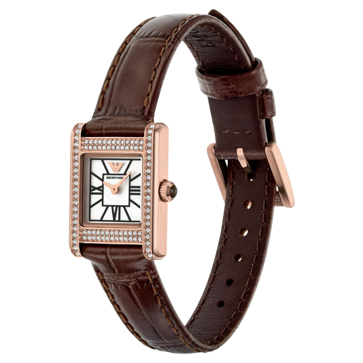 Angled view of the Emporio Armani Genni AR80083SET wristwatch showcasing the mother-of-pearl dial layout, crystal-set bezel accents, cabochon crown, and brown leather strap with pin buckle