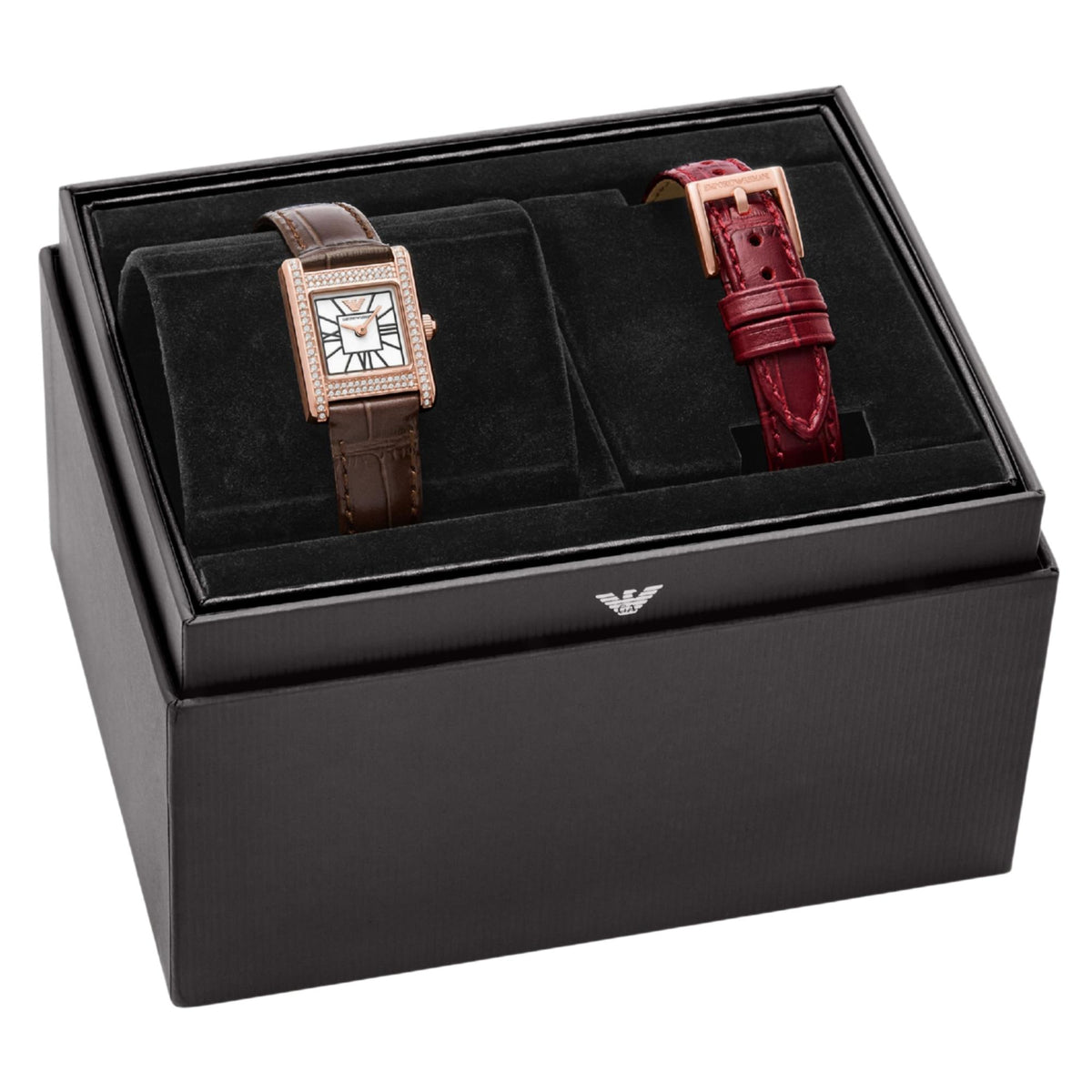 Official presentation gift box for the Emporio Armani Genni AR80083SET watch set, displaying the timepiece alongside its interchangeable red leather strap