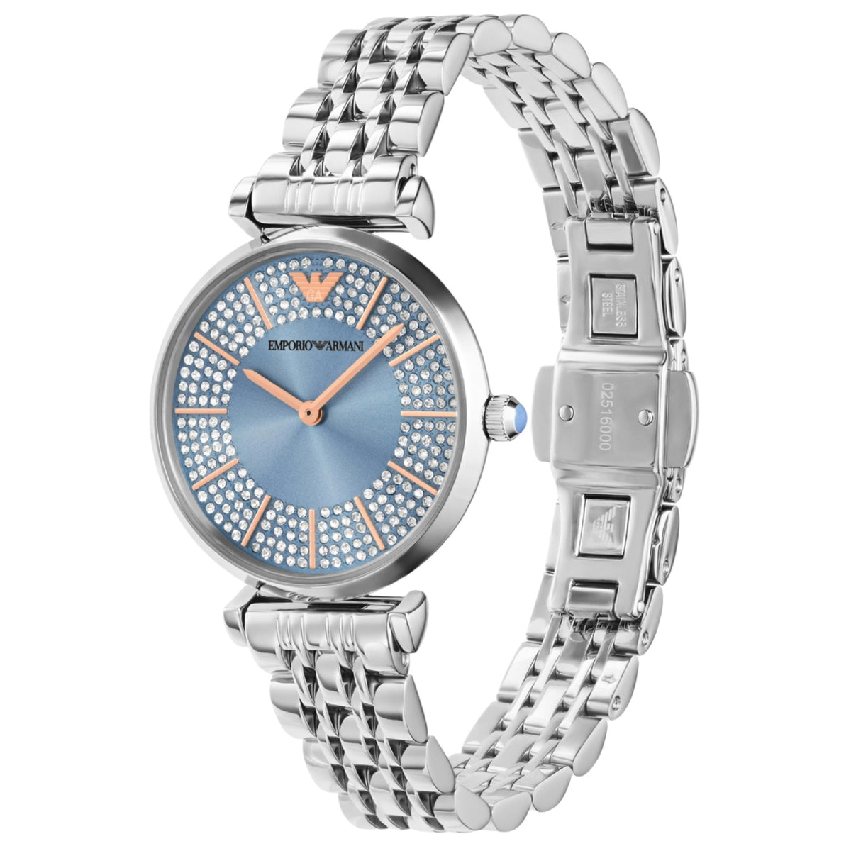 Ladies steel quartz watch with blue dial, crystal hour markers, and clasp