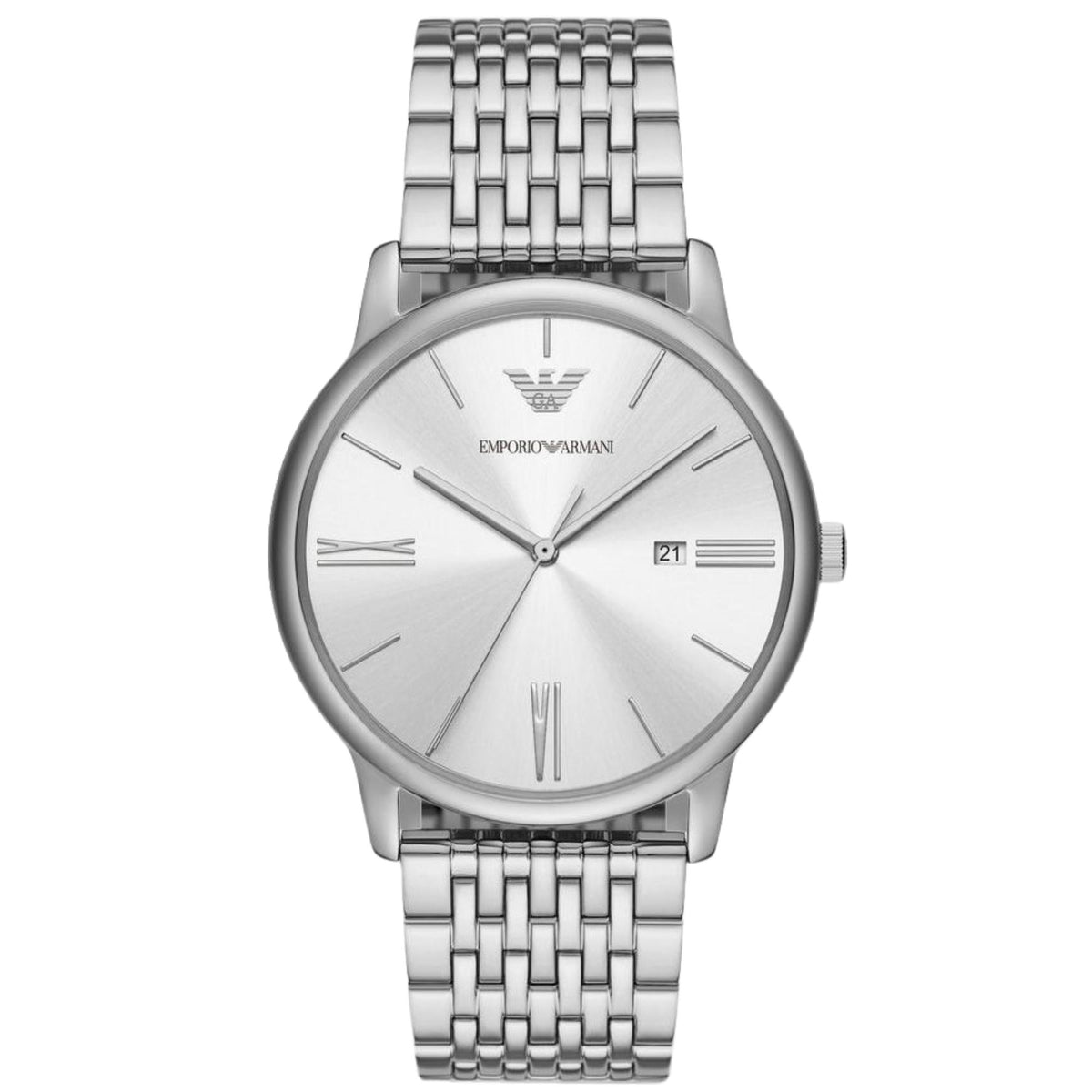 Emporio Armani Minimalist AR11599 front view displaying silver dial with date window and steel bracelet