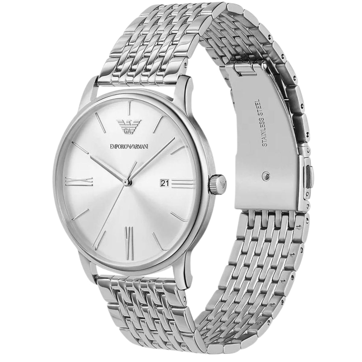 Emporio Armani Minimalist AR11599 three-quarter angle view detailing multi-link steel bracelet and clasp