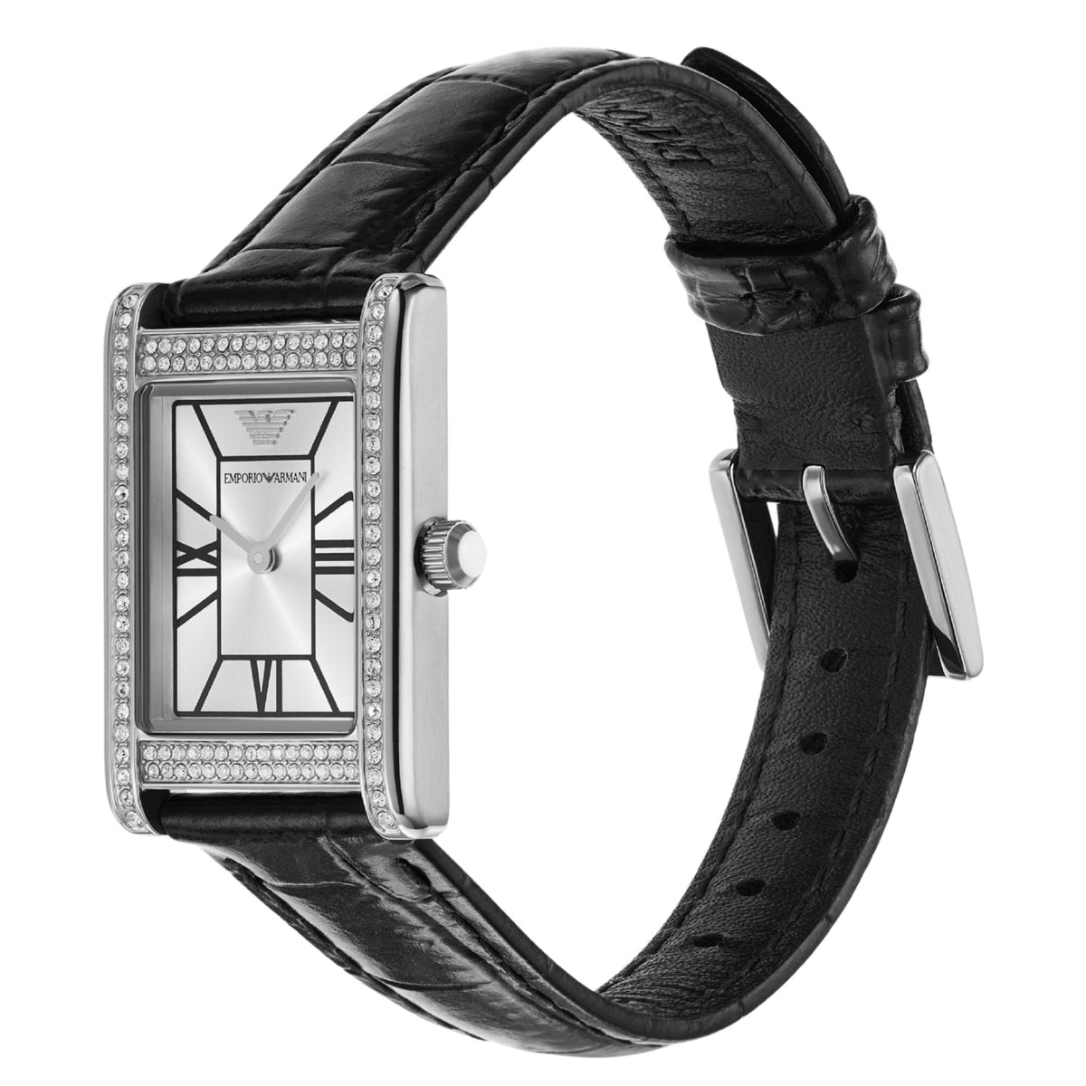 Angled view of the Emporio Armani Genni AR11623 wristwatch showcasing the silver dial layout, crystal bezel detailing, winding crown, and black leather strap with pin buckle