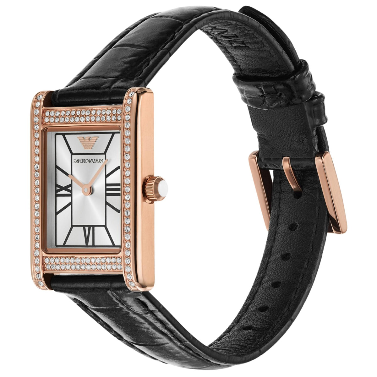 Emporio Armani Genni AR11624 rose gold tone crystal case and buckle side view