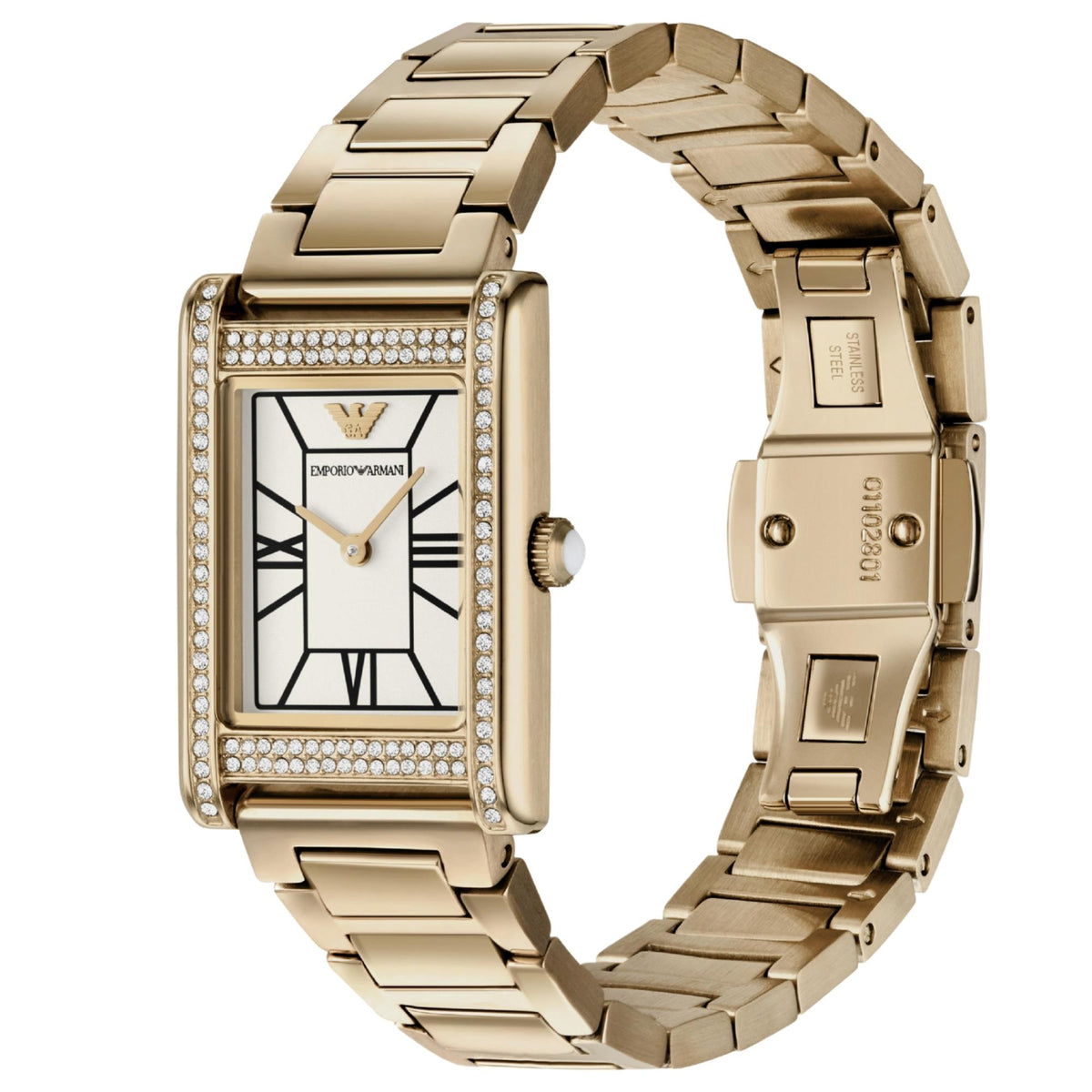Emporio Armani Genni ladies quartz watch AR11659, gold bracelet close-up with rear case view
