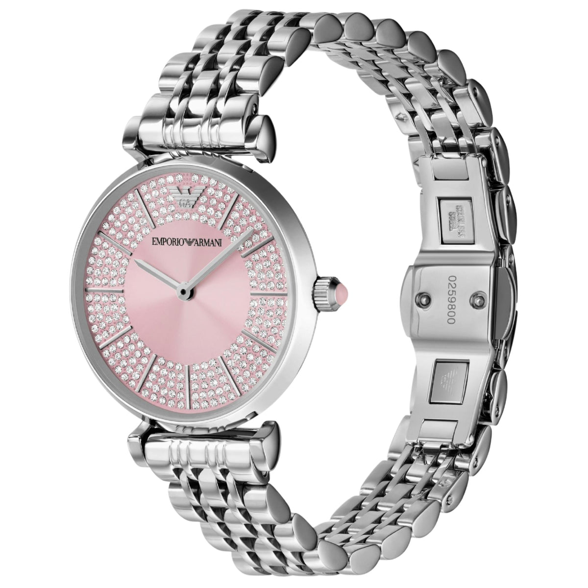 Emporio Armani Gianni AR11686 stainless steel case and crystal detailed side angle view