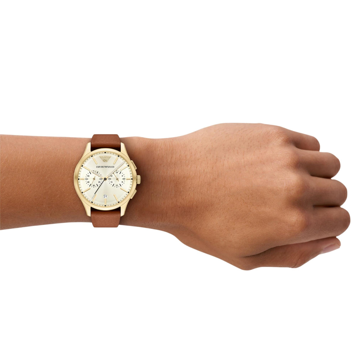 Emporio Armani Dario AR11714 cream dial watch on wrist lifestyle view