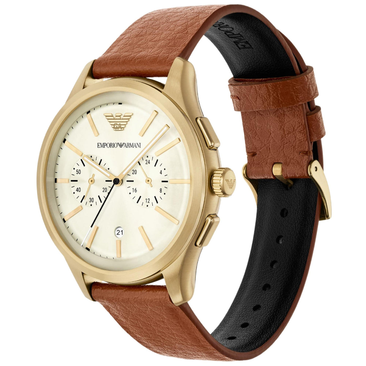 Emporio Armani Dario AR11714 brown leather strap and gold-tone case side angle view