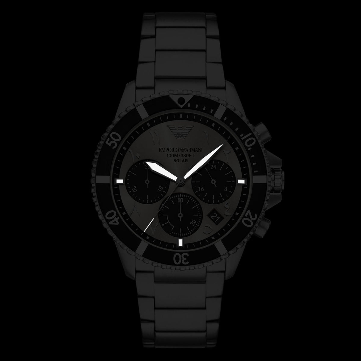 Men's solar chronograph watch with gray dial and dark bezel, stainless steel bracelet