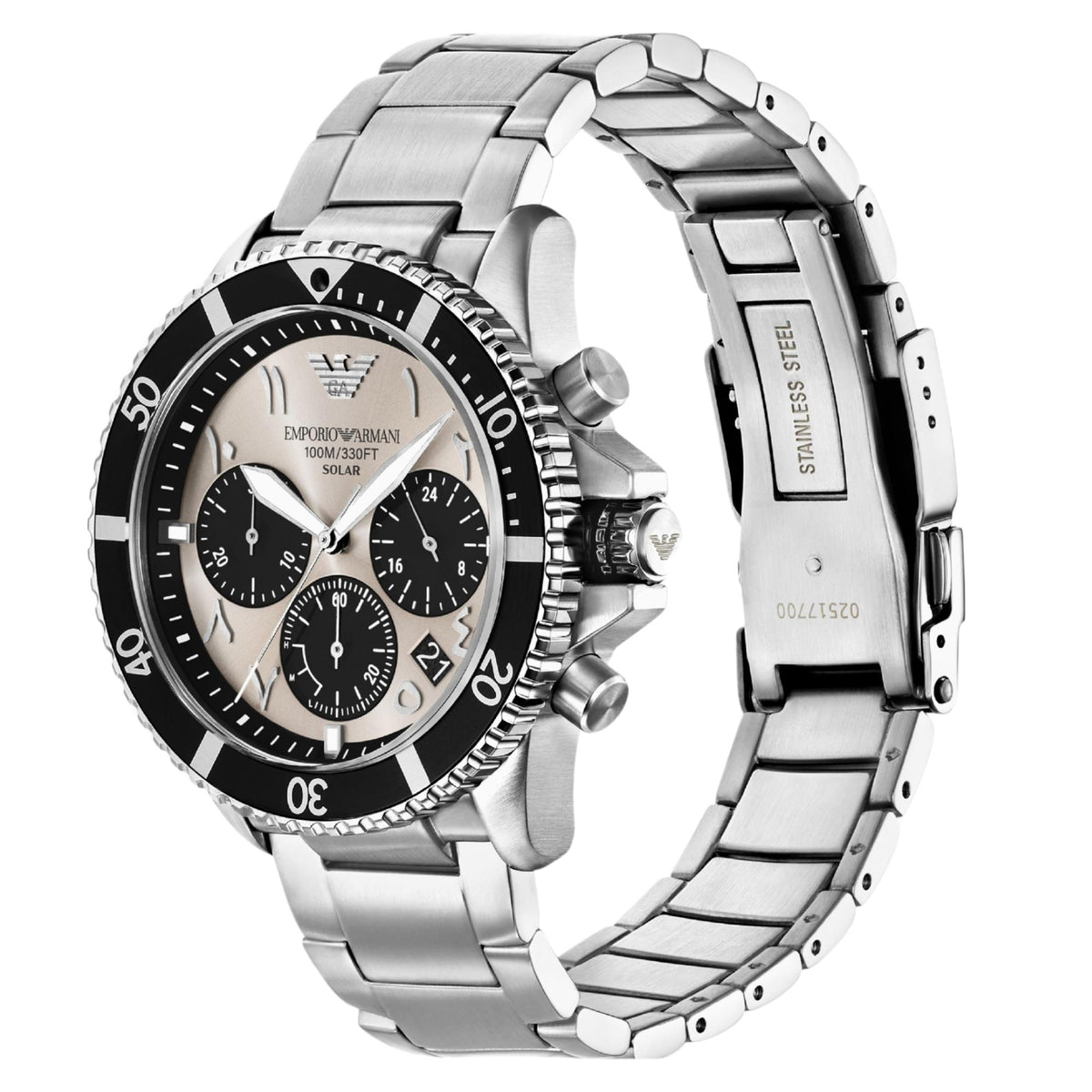 Men's solar chronograph watch, gray dial, stainless steel case and bracelet with clasp