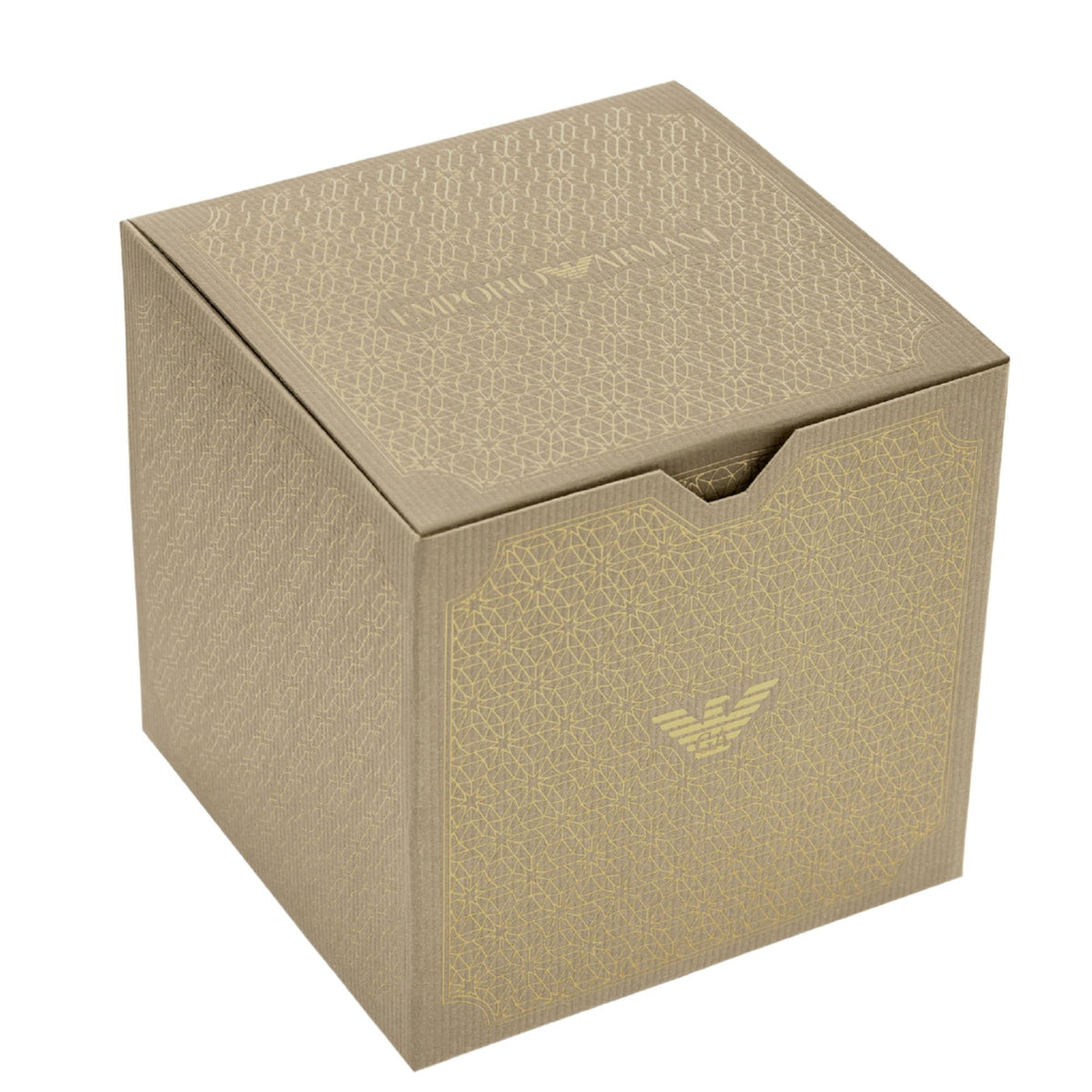 Emporio Armani gift box with textured gold tone finish and logo on top panel