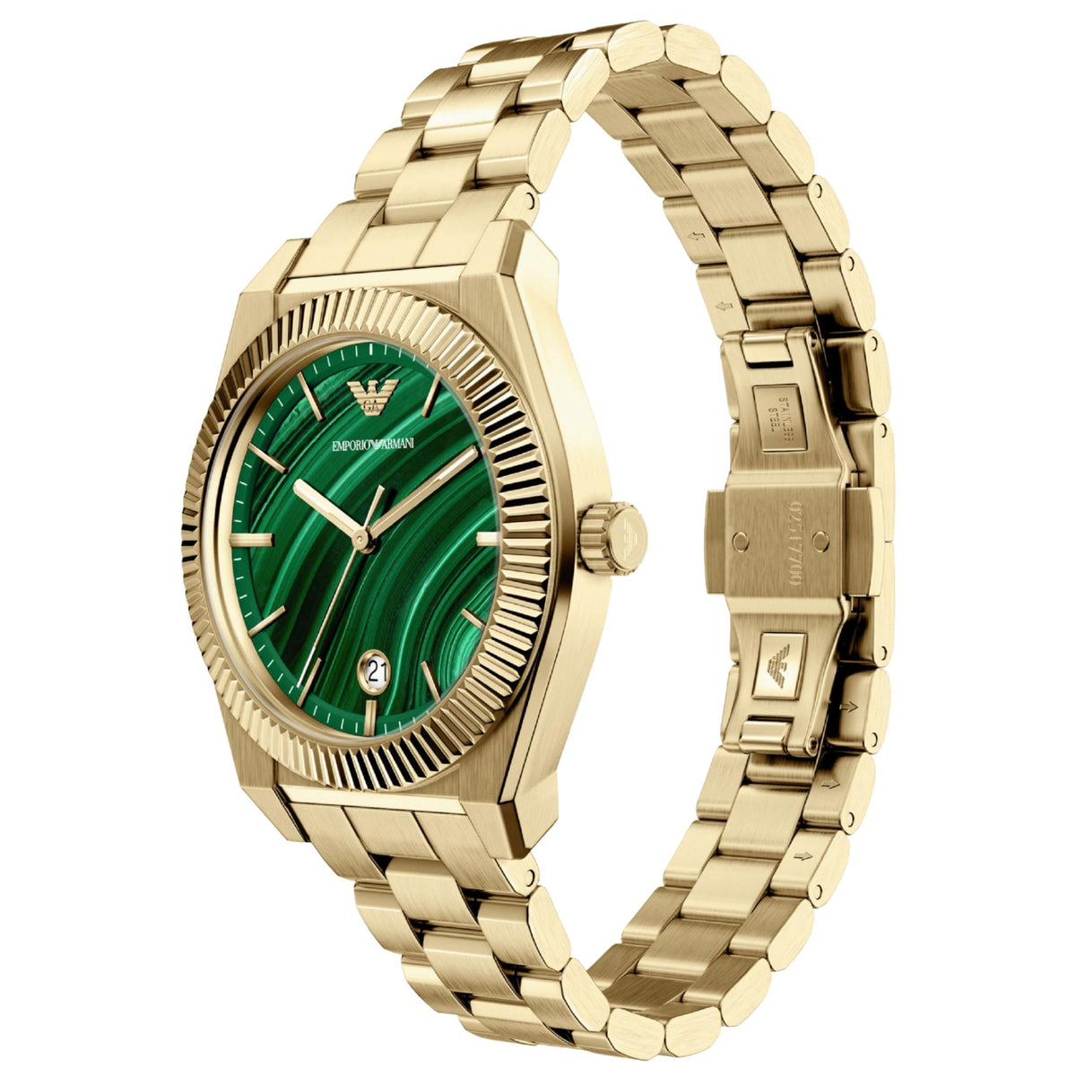 Emporio Armani Federico AR11759 angled side perspective showcasing round steel case profile and deployment clasp