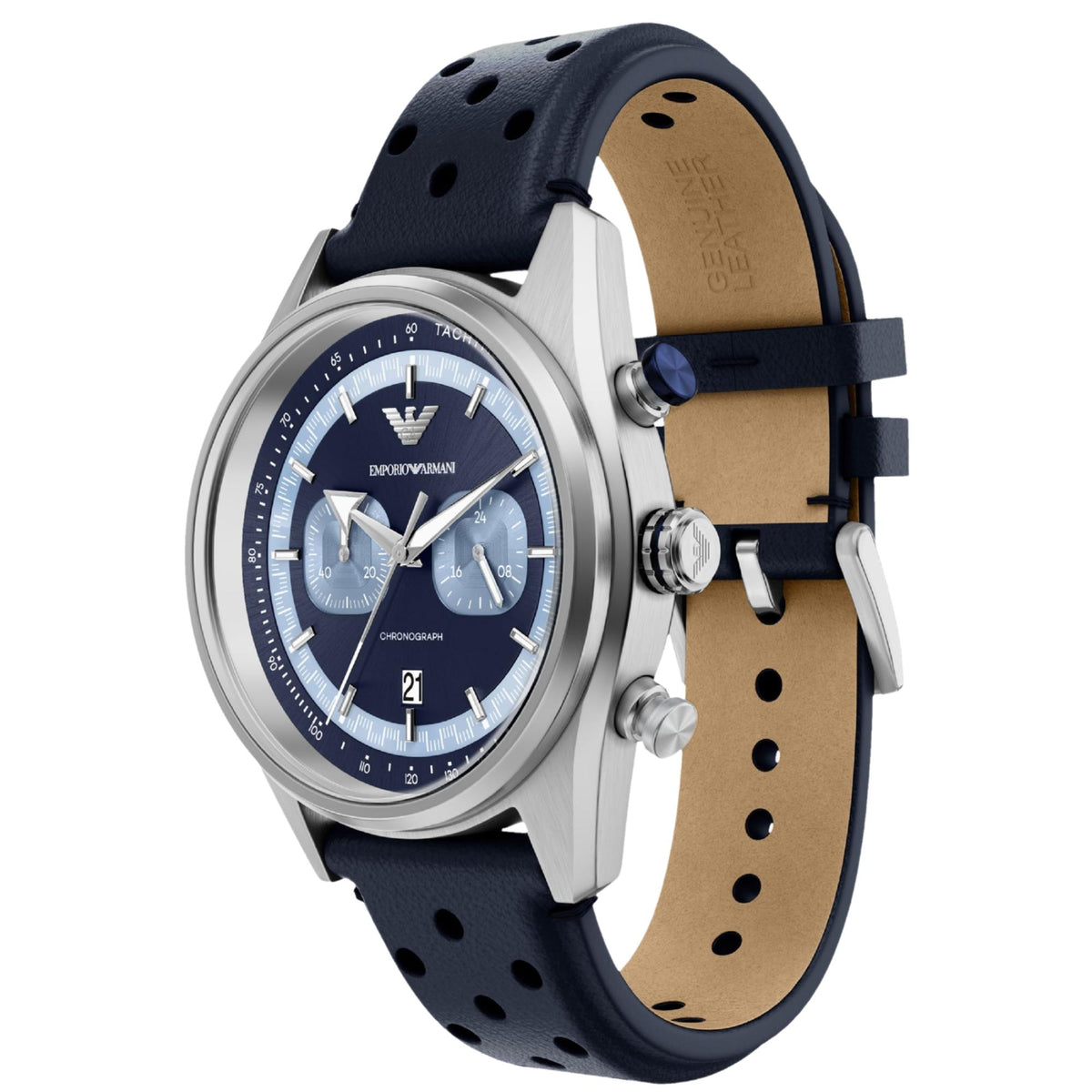 Angled perspective of the Emporio Armani Racer AR11781 wristwatch showcasing the brushed steel case, blue dial texture, chronograph pushers, and tan-lined blue leather strap