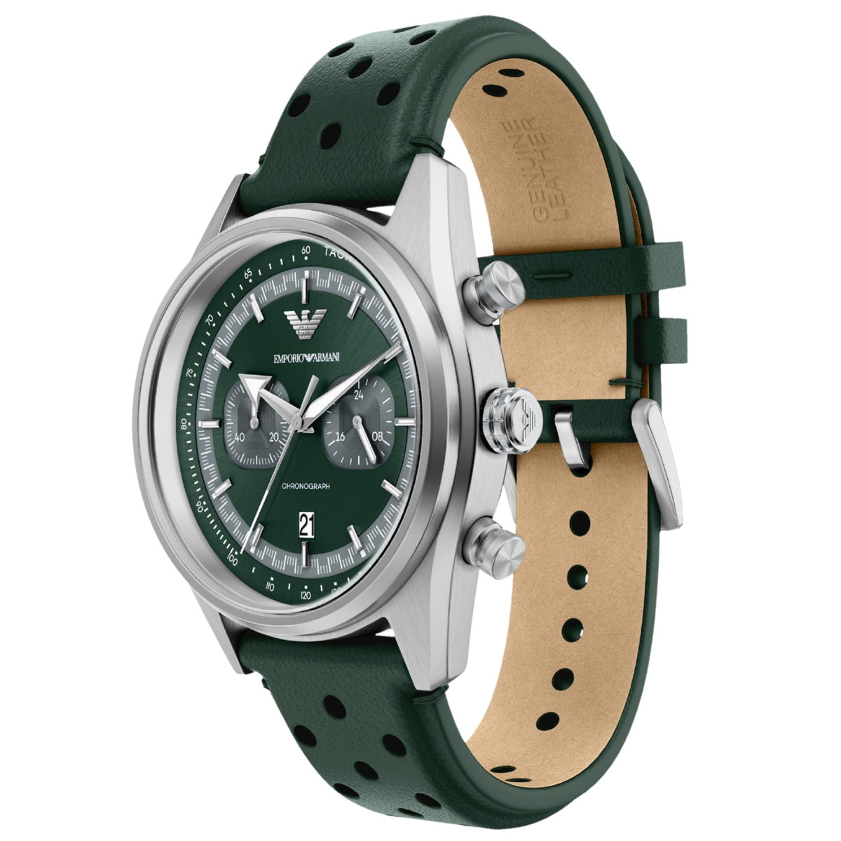 Angled view of the Emporio Armani Racer AR11782 wristwatch showcasing the brushed steel case, green dial surface, chronograph pushers, and tan-lined green leather strap