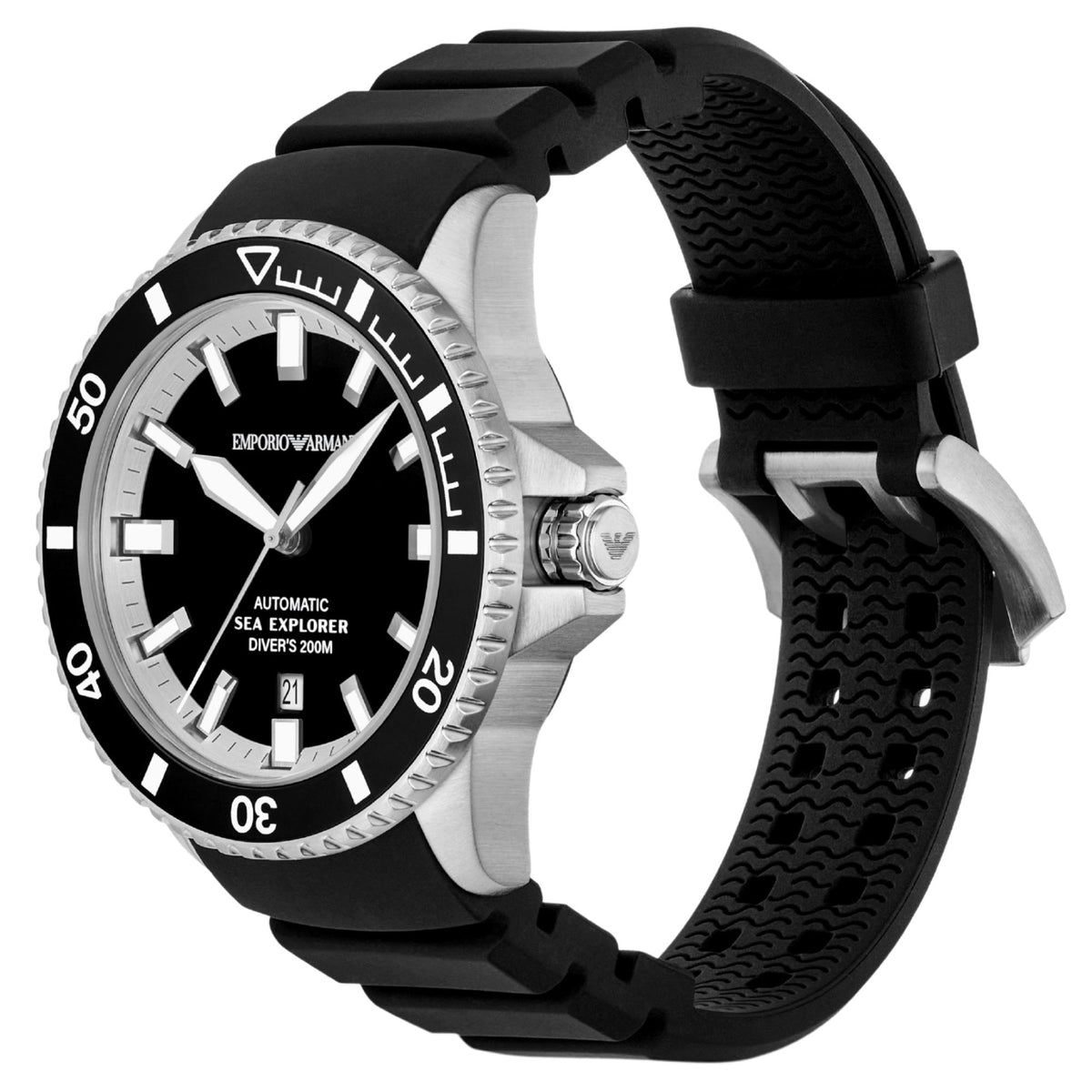 Angled view of the Emporio Armani Sea Explorer AR60086 wristwatch showing the steel case, crown guard, black dial, and black silicone band