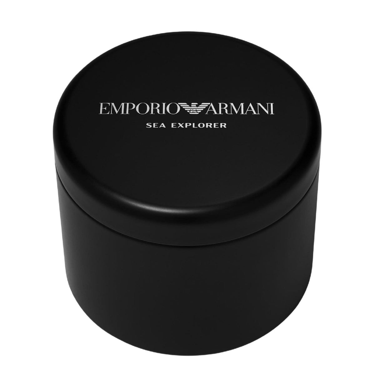 Black cylindrical packaging box featuring the silver Emporio Armani Sea Explorer logo on the lid