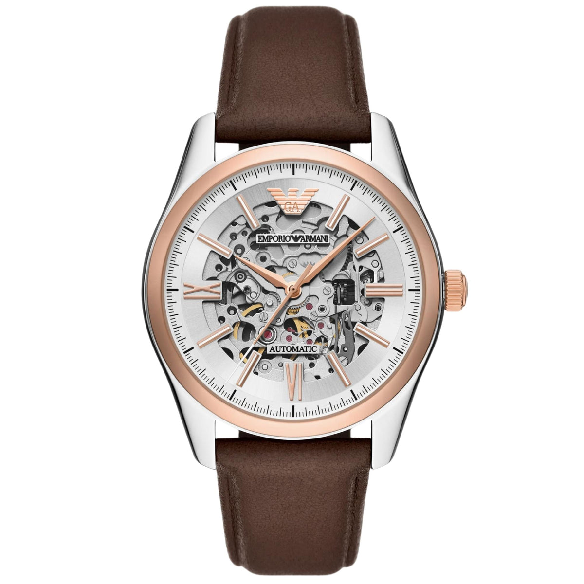 Emporio Armani World Explorer AR60094 skeleton silver dial front view