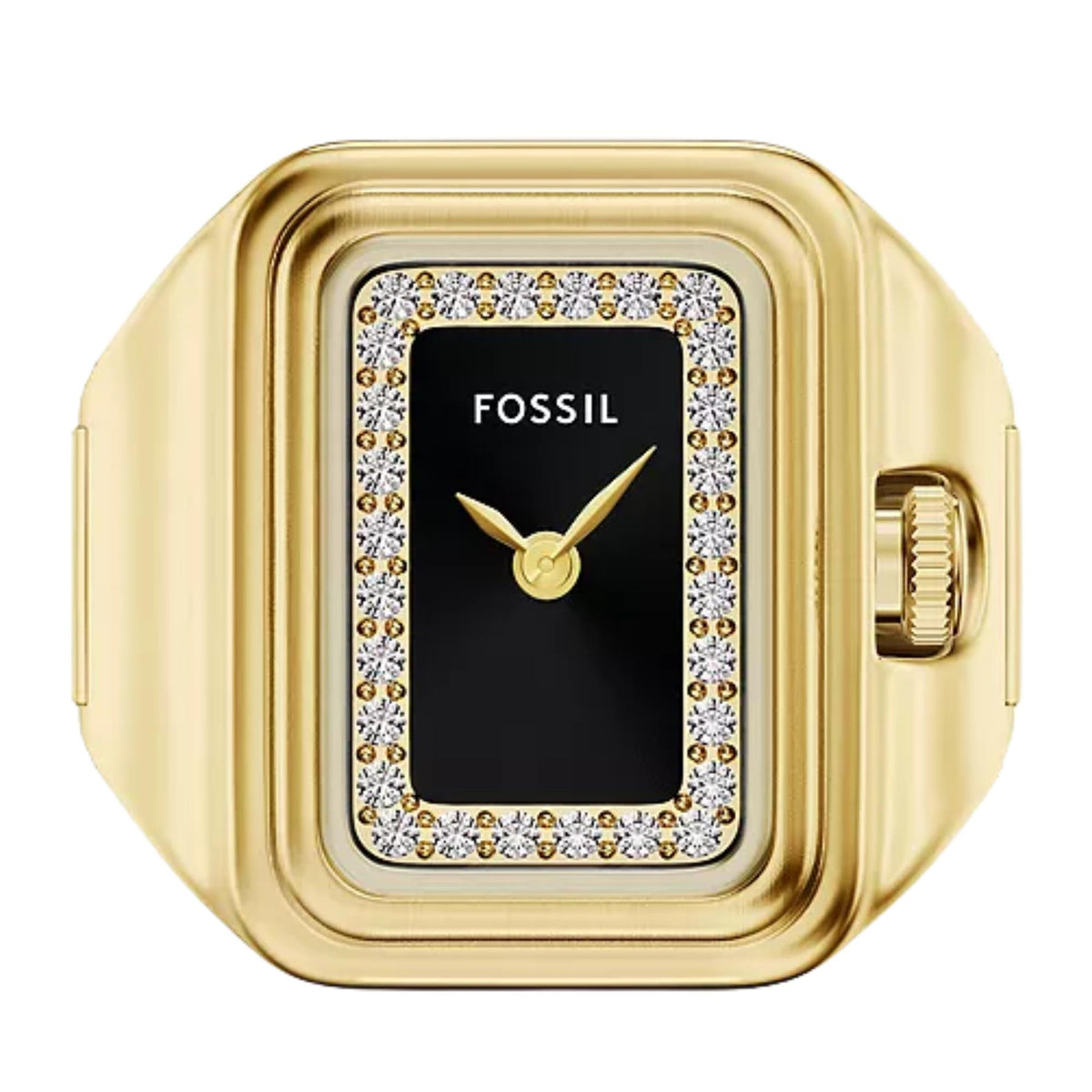 Fossil Raquel ES5447 flat front view showing the rectangular black dial and gold logo