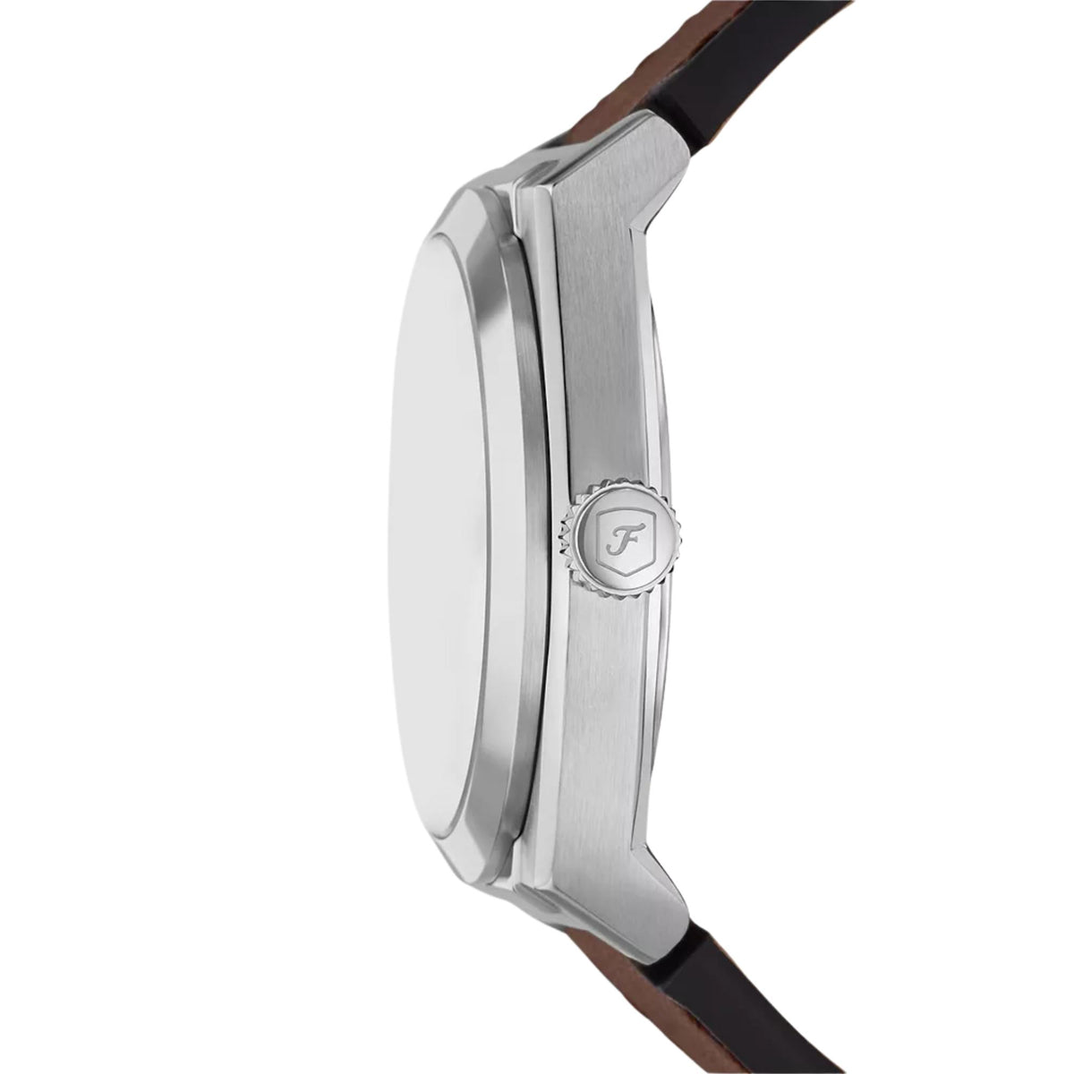 Fossil Everett FS6071 stainless steel case profile and crown close up