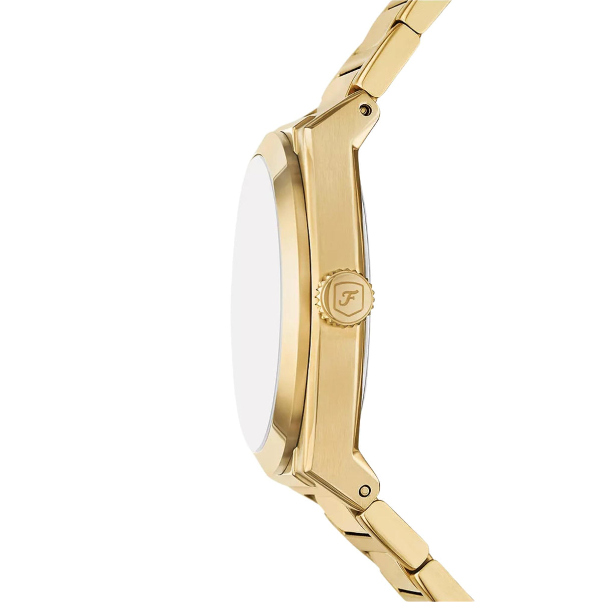 Side profile highlighting the gold-tone case and signed crown of the Fossil Everett FS6090 watch