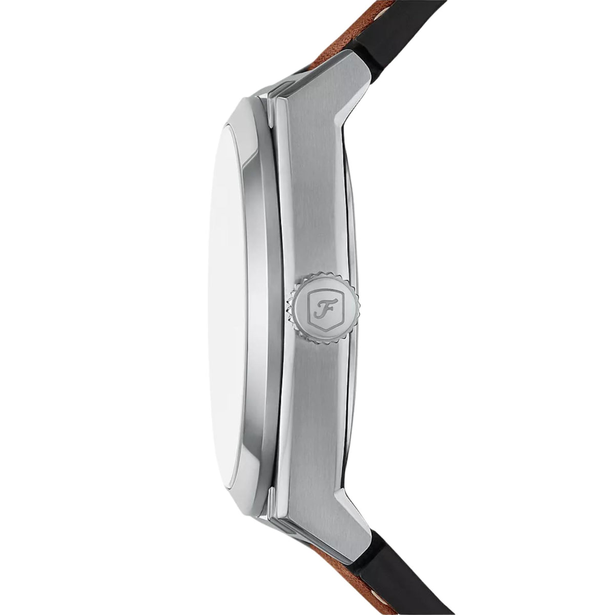 Fossil Everett FS6115 stainless steel case and crown side profile view
