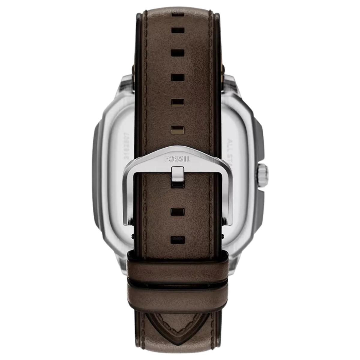 Underside view of the Fossil Crosby FS6150 watch highlighting the silver-tone pin buckle and stitched brown leather strap