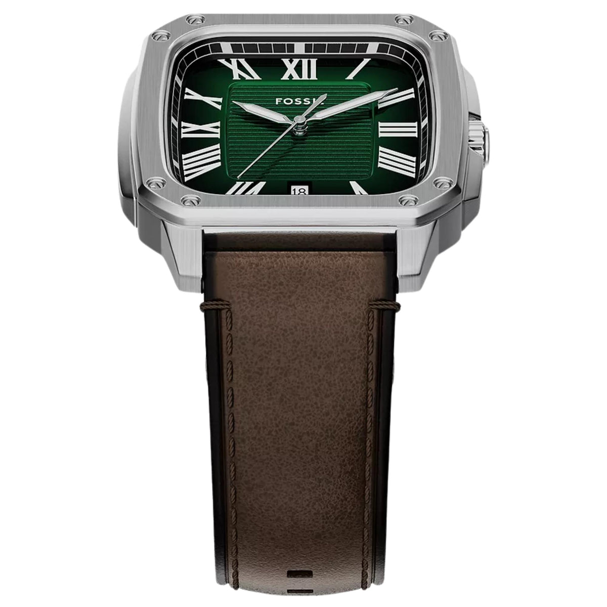 Front perspective of the Fossil Crosby FS6150 mens watch angled slightly down, showing the square green dial and brown leather strap